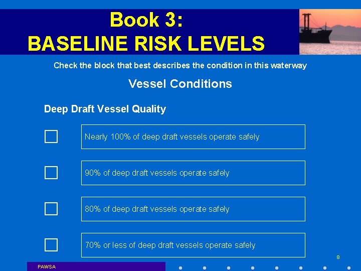 Book 3: BASELINE RISK LEVELS Check the block that best describes the condition in