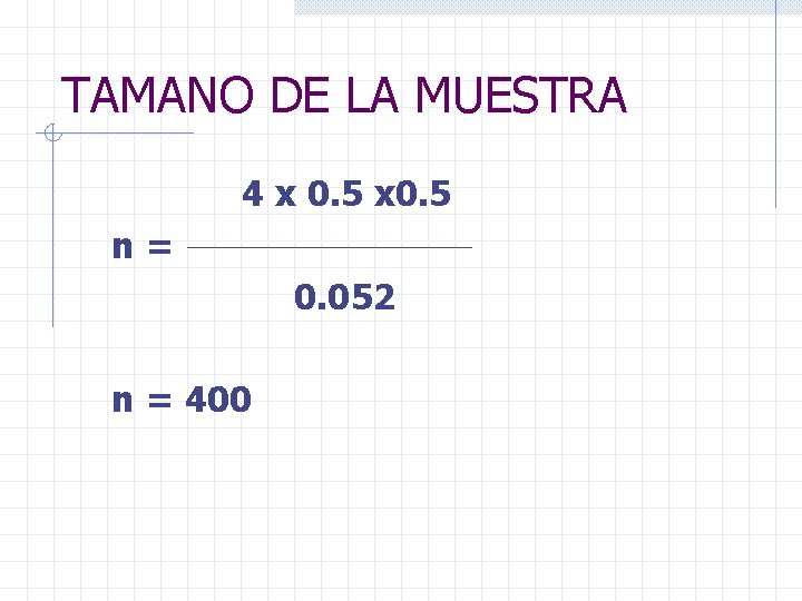 TAMANO DE LA MUESTRA 4 x 0. 5 n = 0. 052 n =