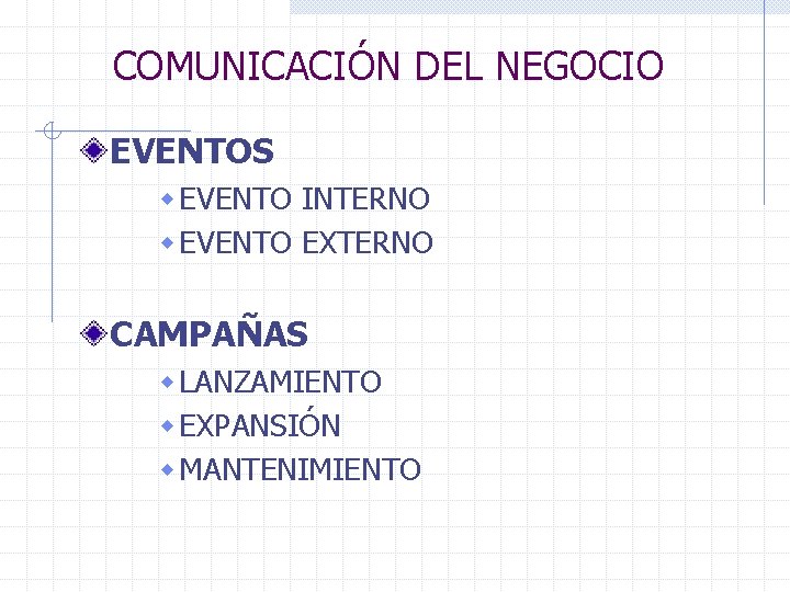COMUNICACIÓN DEL NEGOCIO EVENTOS w EVENTO INTERNO w EVENTO EXTERNO CAMPAÑAS w LANZAMIENTO w