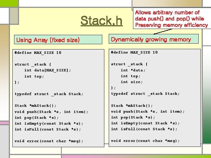 Stack. h Using Array (fixed size) Allows arbitrary number of data push() and pop()