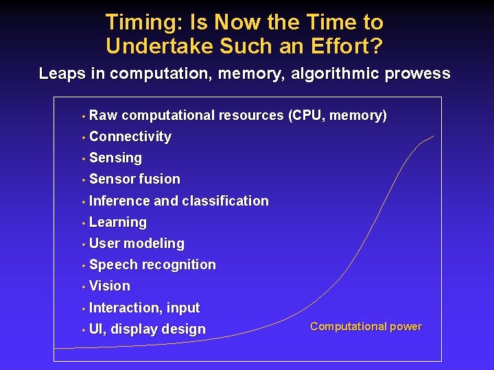 Timing: Is Now the Time to Undertake Such an Effort? Leaps in computation, memory,