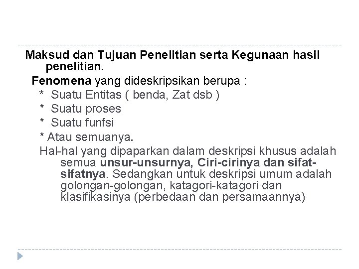Maksud dan Tujuan Penelitian serta Kegunaan hasil penelitian. Fenomena yang dideskripsikan berupa : *