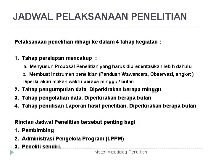 JADWAL PELAKSANAAN PENELITIAN Pelaksanaan penelitian dibagi ke dalam 4 tahap kegiatan : 1. Tahap