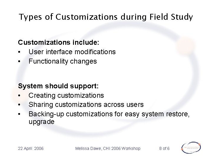 Types of Customizations during Field Study Customizations include: • User interface modifications • Functionality