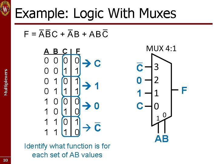 Example: Logic With Muxes Multiplexers A B C 10 F 0 0 0 0