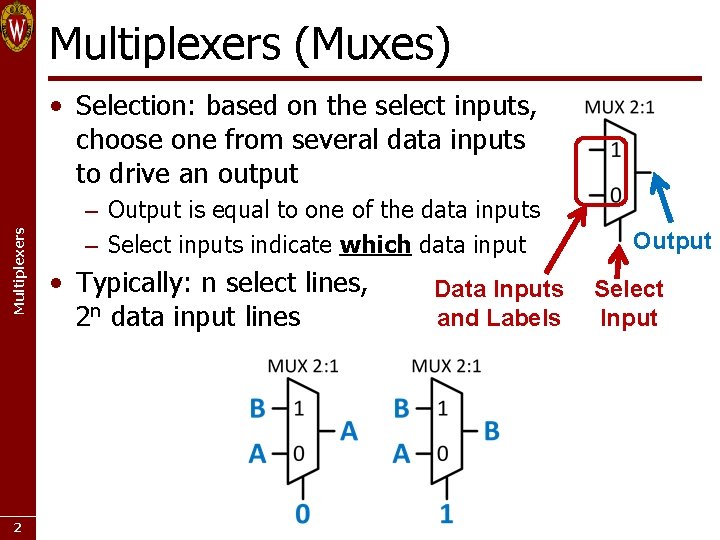 Multiplexers (Muxes) Multiplexers • Selection: based on the select inputs, choose one from several