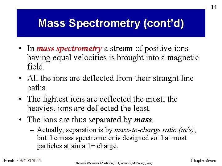 14 Mass Spectrometry (cont’d) • In mass spectrometry a stream of positive ions having