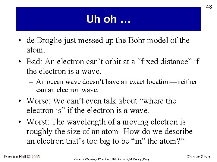 48 Uh oh … • de Broglie just messed up the Bohr model of