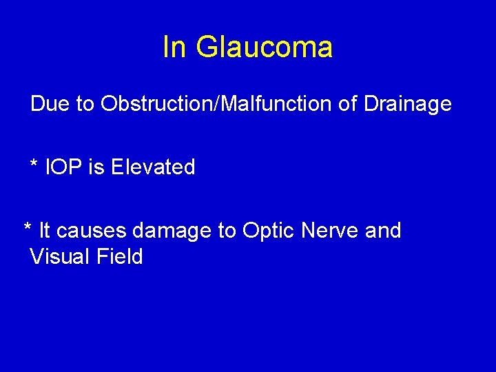 In Glaucoma Due to Obstruction/Malfunction of Drainage * IOP is Elevated * It causes