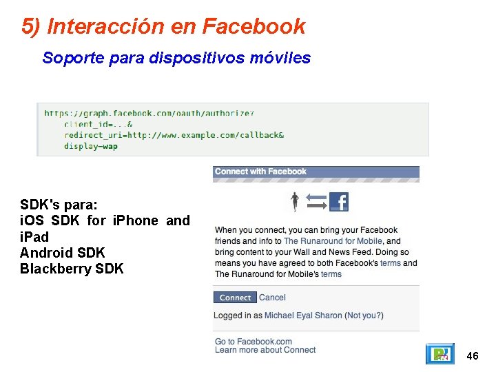 5) Interacción en Facebook Soporte para dispositivos móviles SDK's para: i. OS SDK for