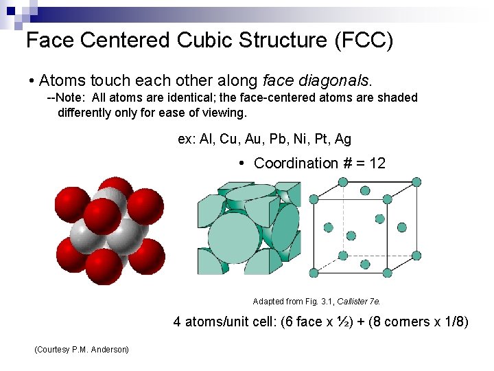 Face Centered Cubic Structure (FCC) • Atoms touch each other along face diagonals. --Note: