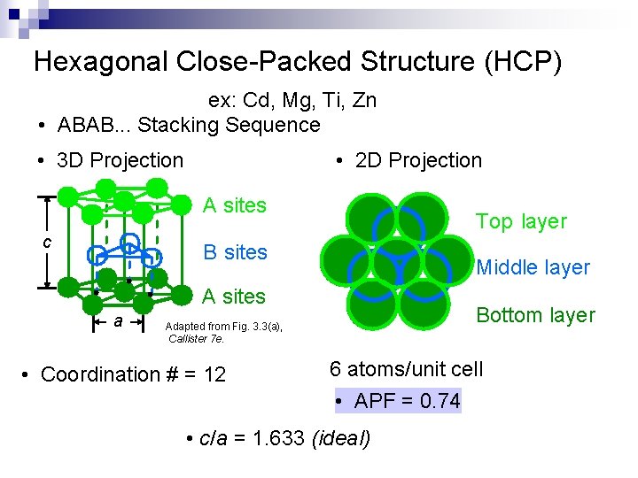 Hexagonal Close-Packed Structure (HCP) ex: Cd, Mg, Ti, Zn • ABAB. . . Stacking