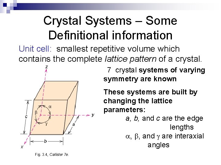 Crystal Systems – Some Definitional information Unit cell: smallest repetitive volume which contains the