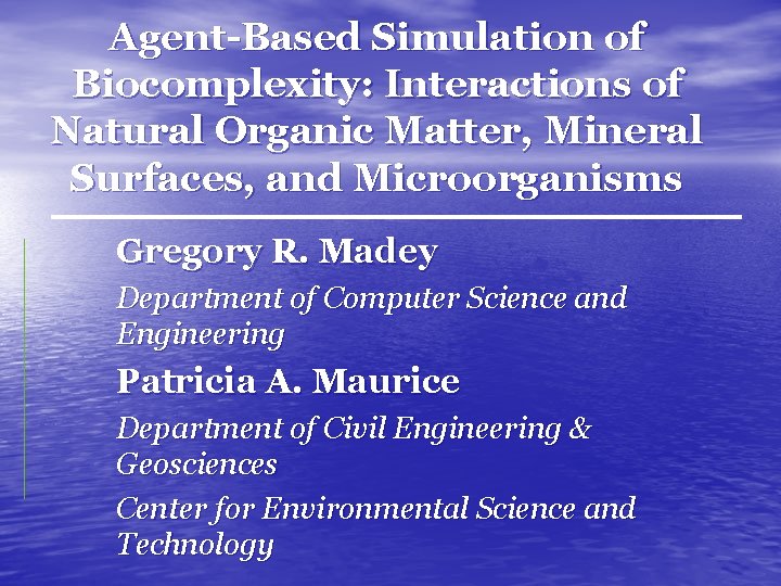 Agent-Based Simulation of Biocomplexity: Interactions of Natural Organic Matter, Mineral Surfaces, and Microorganisms Gregory