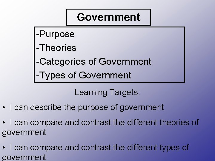 Government -Purpose -Theories -Categories of Government -Types of Government Learning Targets: • I can Government -Purpose -Theories -Categories of Government -Types of Government Learning Targets: • I can