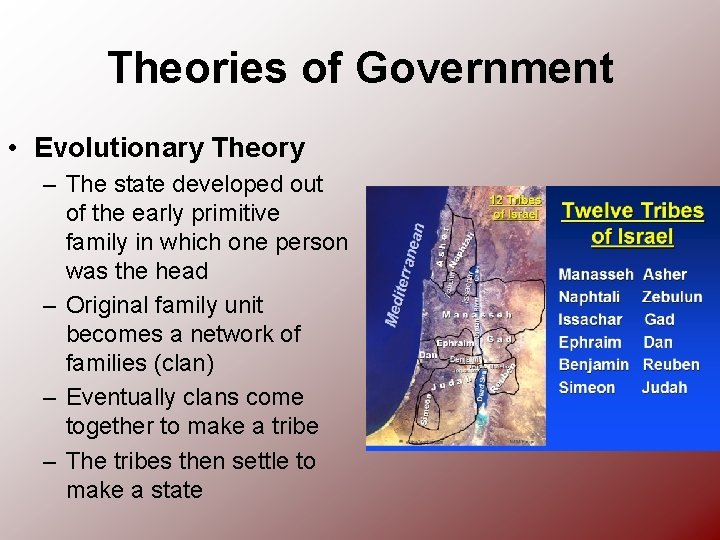 Theories of Government • Evolutionary Theory – The state developed out of the early Theories of Government • Evolutionary Theory – The state developed out of the early