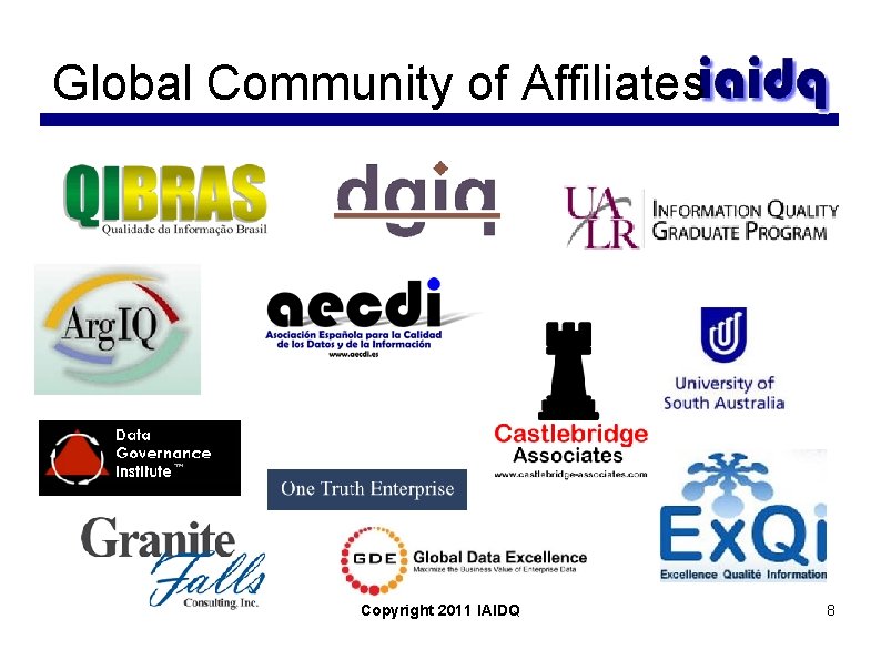 Global Community of Affiliates Copyright 2011 IAIDQ 8 