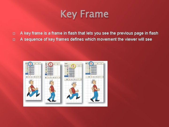 Key Frame A key frame is a frame in flash that lets you see