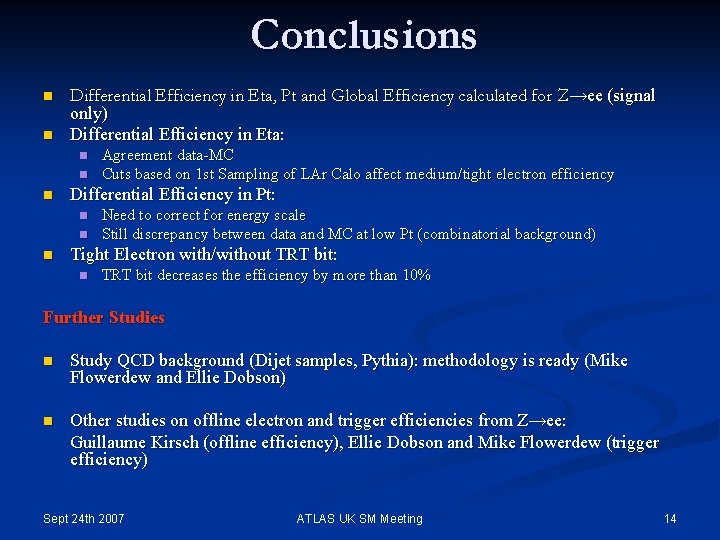 Conclusions n n Differential Efficiency in Eta, Pt and Global Efficiency calculated for Z→ee