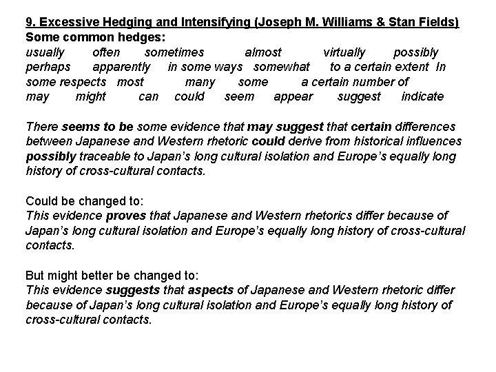 9. Excessive Hedging and Intensifying (Joseph M. Williams & Stan Fields) Some common hedges: