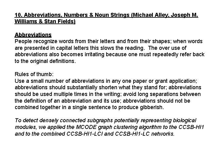 10. Abbreviations, Numbers & Noun Strings (Michael Alley, Joseph M. Williams & Stan Fields)