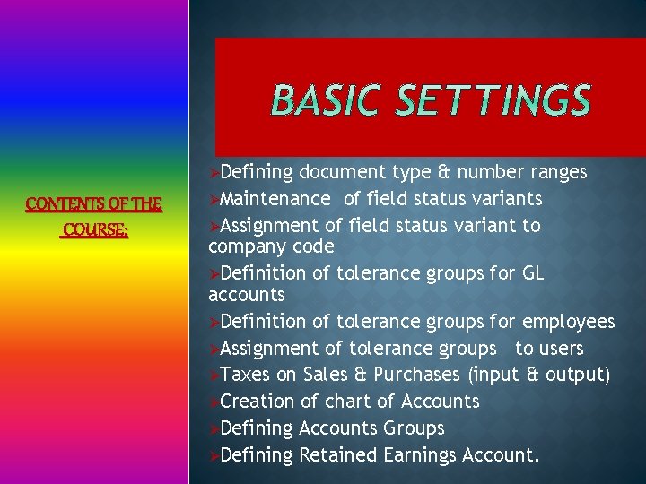 ØDefining CONTENTS OF THE COURSE: document type & number ranges ØMaintenance of field status