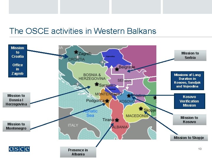 The OSCE activities in Western Balkans Mission to Croatia Mission to Serbia Office in