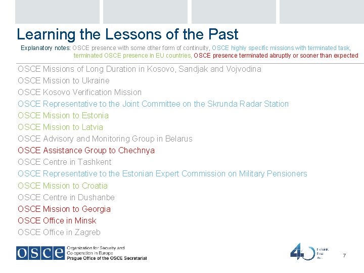 Learning the Lessons of the Past Explanatory notes: OSCE presence with some other form