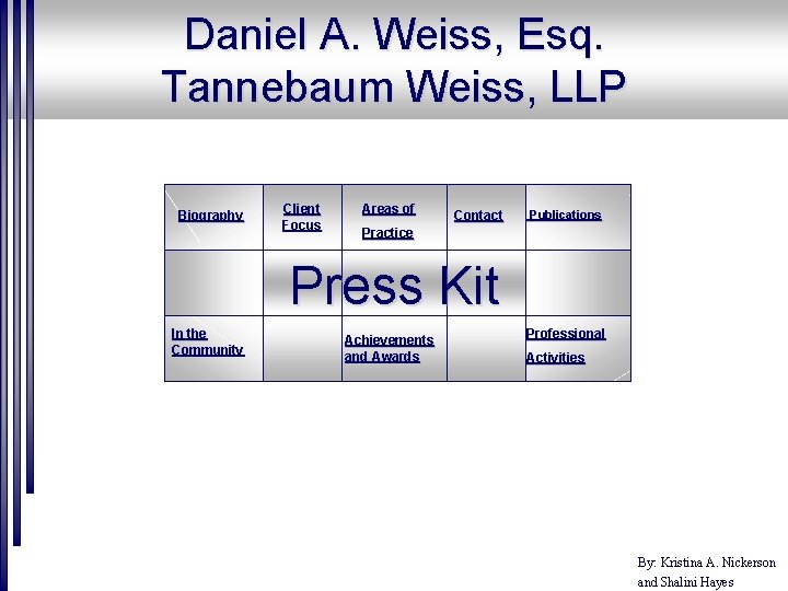 Daniel A. Weiss, Esq. Tannebaum Weiss, LLP Biography Client Focus Areas of Contact Publications