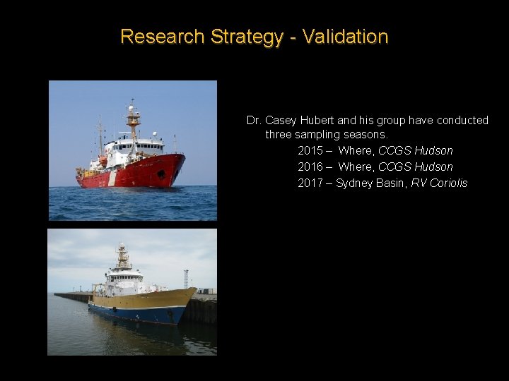 Research Strategy - Validation Dr. Casey Hubert and his group have conducted three sampling