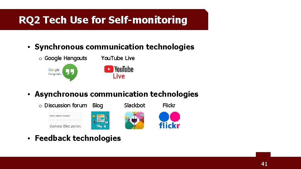 RQ 2 Tech Use for Self-monitoring • Synchronous communication technologies o Google Hangouts You.