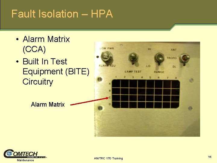 Fault Isolation – HPA • Alarm Matrix (CCA) • Built In Test Equipment (BITE)
