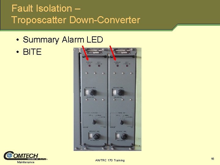 Fault Isolation – Troposcatter Down-Converter • Summary Alarm LED • BITE Maintenance AN/TRC 170