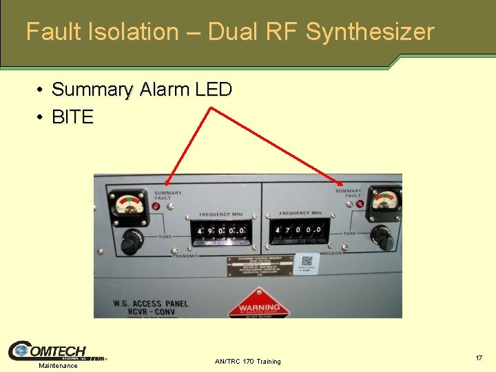 Fault Isolation – Dual RF Synthesizer • Summary Alarm LED • BITE Maintenance AN/TRC