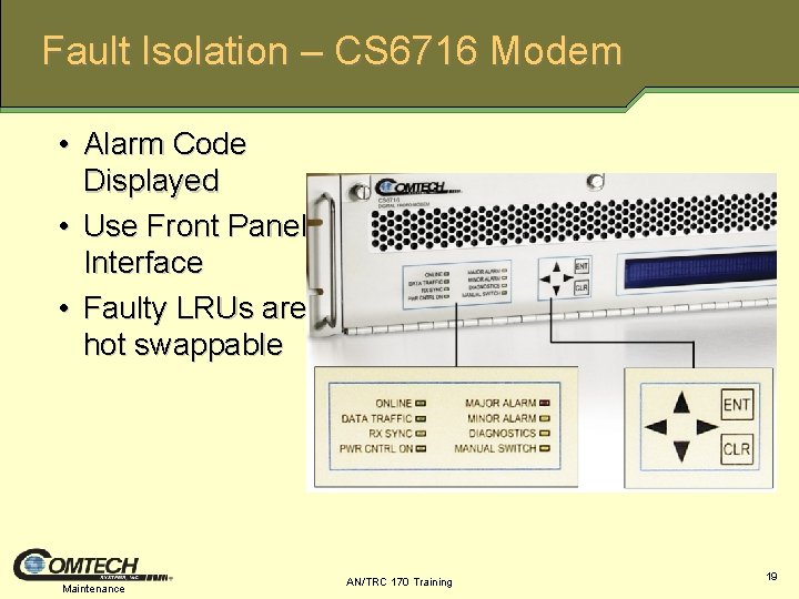 Fault Isolation – CS 6716 Modem • Alarm Code Displayed • Use Front Panel