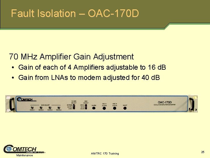 Fault Isolation – OAC-170 D 70 MHz Amplifier Gain Adjustment • Gain of each