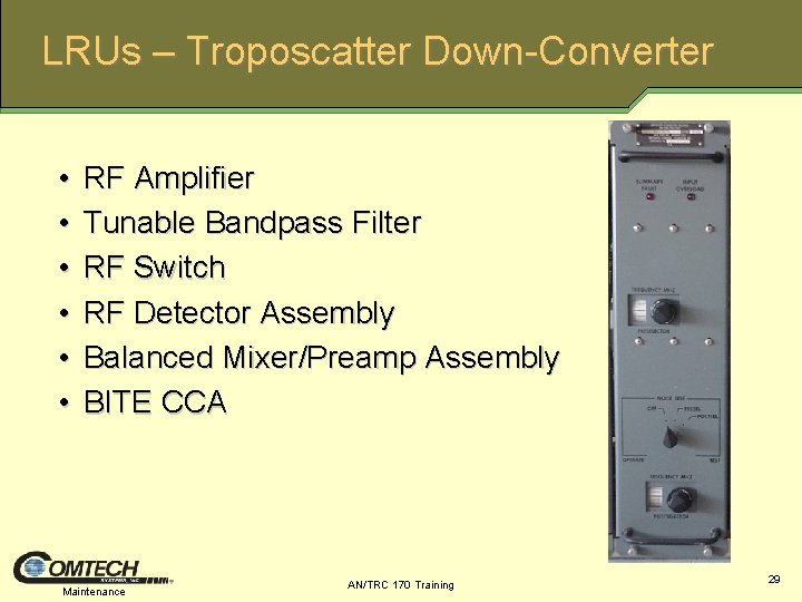 LRUs – Troposcatter Down-Converter • • • RF Amplifier Tunable Bandpass Filter RF Switch