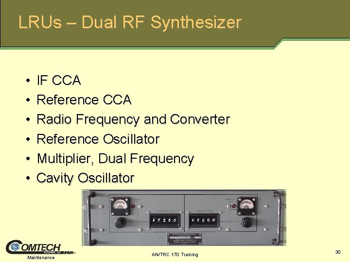 LRUs – Dual RF Synthesizer • • • IF CCA Reference CCA Radio Frequency