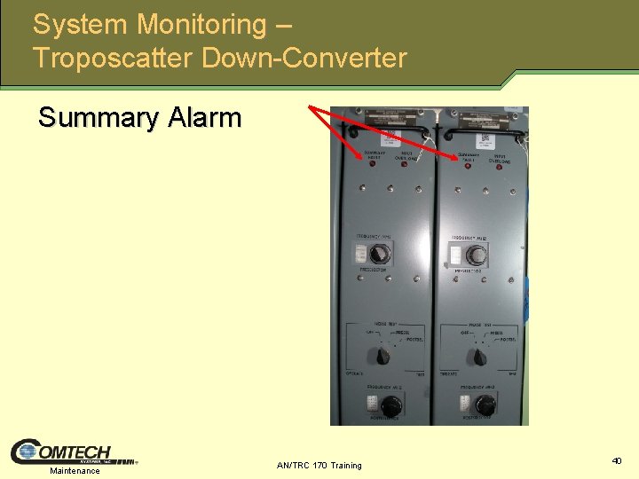 System Monitoring – Troposcatter Down-Converter Summary Alarm Maintenance AN/TRC 170 Training 40 