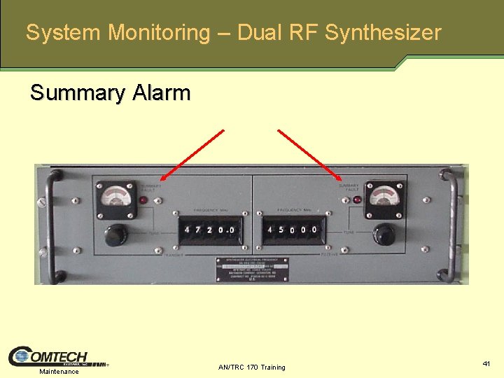 System Monitoring – Dual RF Synthesizer Summary Alarm Maintenance AN/TRC 170 Training 41 