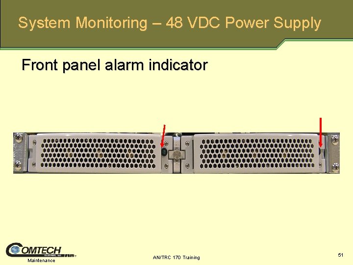 System Monitoring – 48 VDC Power Supply Front panel alarm indicator Maintenance AN/TRC 170