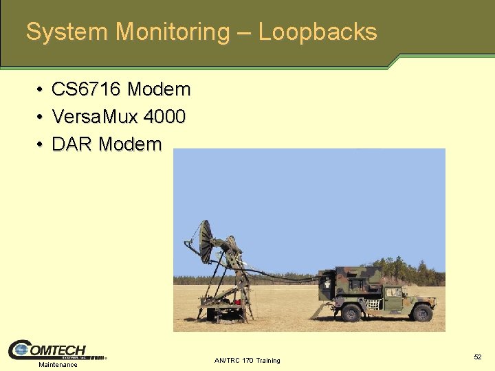 System Monitoring – Loopbacks • • • CS 6716 Modem Versa. Mux 4000 DAR