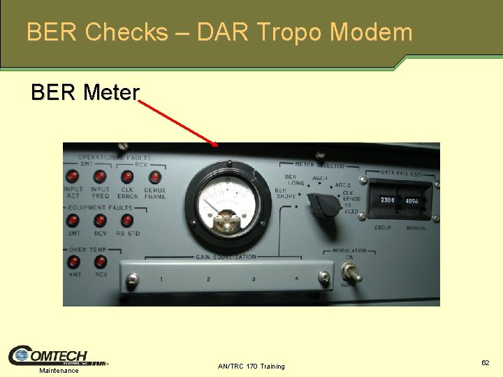 BER Checks – DAR Tropo Modem BER Meter Maintenance AN/TRC 170 Training 62 