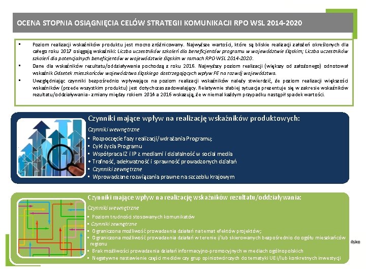 OCENA STOPNIA OSIĄGNIĘCIA CELÓW STRATEGII KOMUNIKACJI RPO WSL 2014 -2020 • • • Poziom