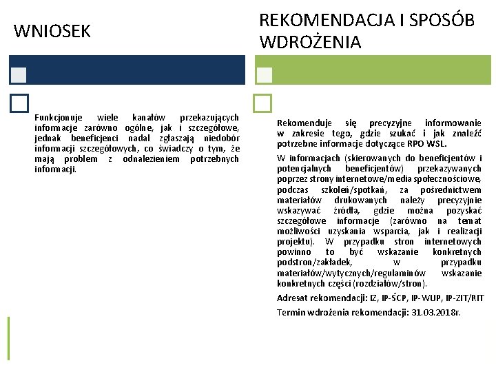 WNIOSEK Funkcjonuje wiele kanałów przekazujących informacje zarówno ogólne, jak i szczegółowe, jednak beneficjenci nadal