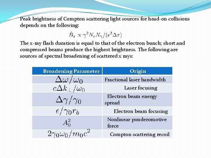 Peak brightness of Compton scattering light sources for head-on collisions depends on the following: