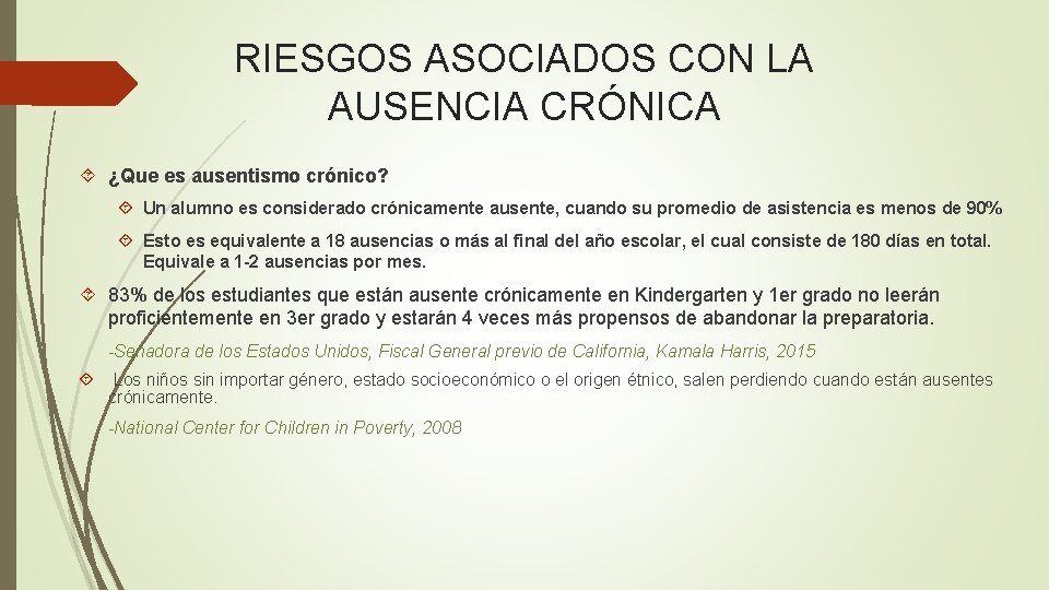 RIESGOS ASOCIADOS CON LA AUSENCIA CRÓNICA ¿Que es ausentismo crónico? Un alumno es considerado