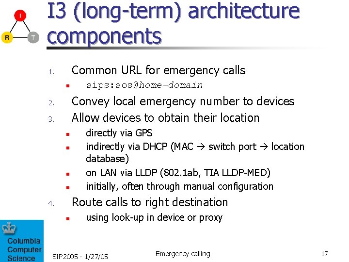 I 3 (long-term) architecture components Common URL for emergency calls 1. n sips: sos@home-domain