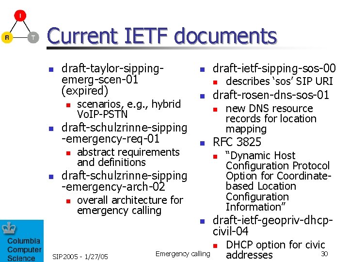 Current IETF documents n draft-taylor-sippingemerg-scen-01 (expired) n n draft-schulzrinne-sipping -emergency-req-01 n n scenarios, e.