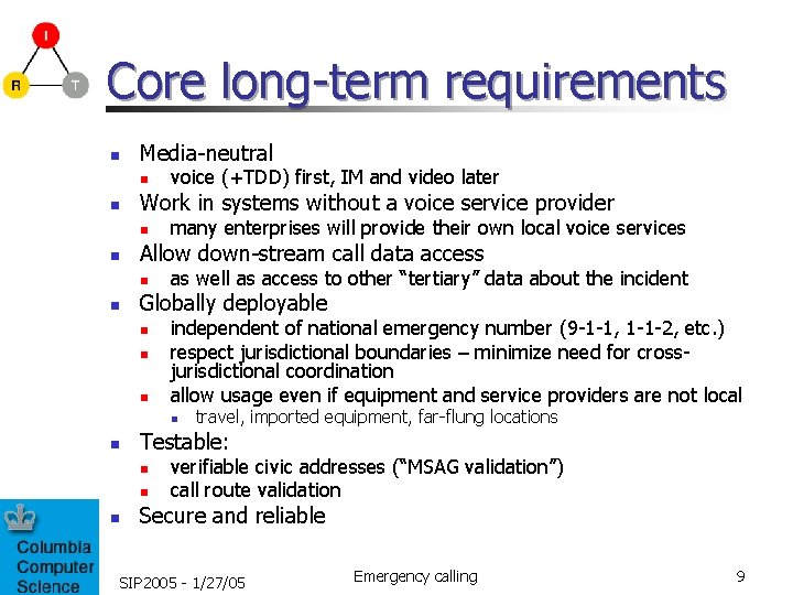 Core long-term requirements n Media-neutral n n Work in systems without a voice service